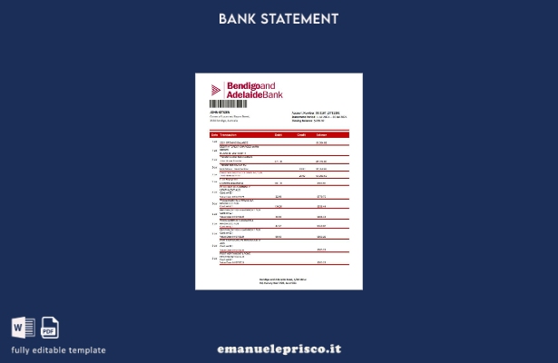 modello Excel di estratto conto bancario Australia Bendigo e Adelaide in stile v